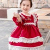 White Lace Red Velour Embroidery Kids Classic Lolita Long Sleeve Dress
