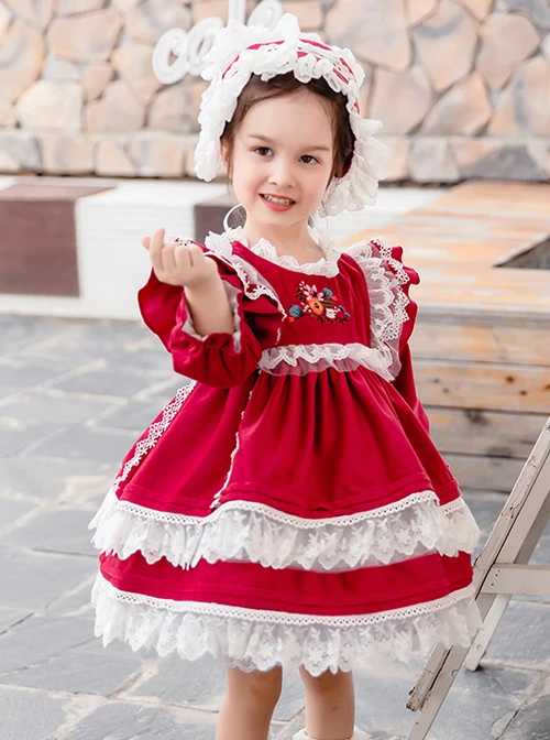 White Lace Red Velour Embroidery Kids Classic Lolita Long Sleeve Dress 1 White Lace Red Velour Embroidery Kids Classic Lolita Long Sleeve Dress