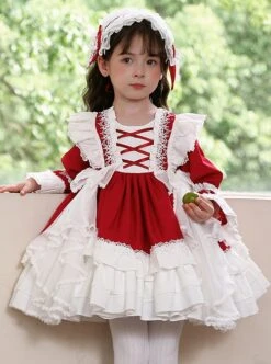 White Lace Gorgeous Palace Princess Dress Stitching Lantern Sleeves Spring Autumn Wine Red Classic Lolita Kids Long-Sleeved Dress -NAUS Lolita Shop 1 500x672 1413