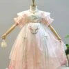 Cute New Chinese Folk Style Pink Flower Fairy Lotus Leaf Hamster Embroidery Cloud Shoulder Sweet Lolita Chiffon Kid Dress
