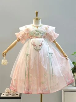Cute New Chinese Folk Style Pink Flower Fairy Lotus Leaf Hamster Embroidery Cloud Shoulder Sweet Lolita Chiffon Kid Dress