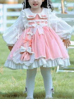 Pink-White Velvet Round Neck Bow Lace Stitching Lantern Sleeves Lotus Leaf Cute Sweet Lolita Kids Autumn Winter Long-Sleeved Dress -NAUS Lolita Shop 1 500x672 1420