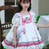 Retro Court Flowers Leaf Square Collar Elegant White Lace Ruffles Classic Lolita Kid Puff Sleeves Girl Dress