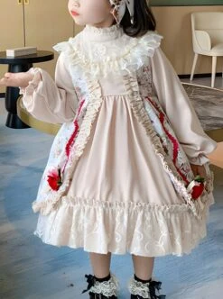 Red Rose Print Lace Decoration Stand Collar Lantern Sleeve Sweet Lolita Kids Long Sleeve Dress -NAUS Lolita Shop 1 500x672 1424