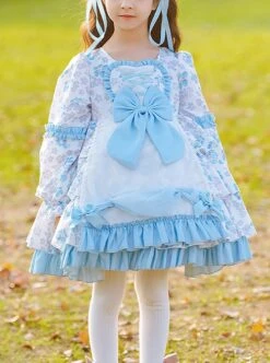 Pastoral Style Blue Floral Mosaic Lantern Sleeve Love Bow-Knot Decoration Spring Autumn Classic Lolita Kids Long-Sleeved Dress -NAUS Lolita Shop 1 500x672 1425