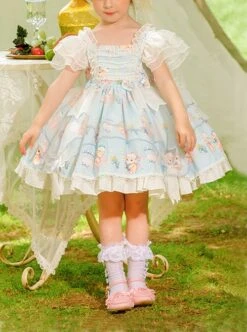 Summer Light Blue Princess Chiffon Lace Puff Sleeves Bowknot Bunny Print Sweet Lolita Kids Sleeveless Dress -NAUS Lolita Shop 1 500x672 1426