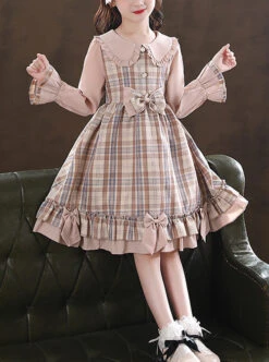 Doll Collar Bowknot Children School Lolita Kids Plaid Long Sleeve Dress -NAUS Lolita Shop 1 500x672 1428
