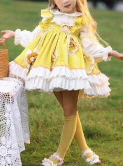 Daisy Yellow Asymmetrical 3D Flower Decoration Round Neck Vitality Sweet Lolita Kid Cute Fluffy Princess Dress -NAUS Lolita Shop 1 500x672 1431