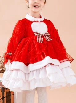 Red Love Polka Dot Plush Stand Collar Plaid Bow-Knot Decoration Winter Classic Lolita Kids Long Sleeve Dress -NAUS Lolita Shop 1 500x672 1433