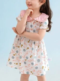 Classic Lolita Cute Blueberry Floral Decoration Ruched Ruffled Waist Design Pink Doll Neckline Kid Short Sleeve Dress -NAUS Lolita Shop 1 500x672 1436