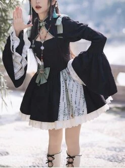 Orchid Pavilion Series Chinese Style Inky Green Calligraphy Words Print Sleeves Improved Cheongsam Classic Lolita Dress Bowknot Set -NAUS Lolita Shop 1 500x672 144