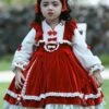Chinese Style Stand-Up Collar Red Velvet Fake Two-Piece Stitching Lantern Sleeve Autumn Winter Classic Lolita Kids Long-Sleeved Dress
