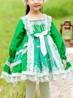 Green Fresh Spring Autumn Flower Lace Square Neck Classic Lolita Kids Long-Sleeved Dress -NAUS Lolita Shop 1 500x672 1444