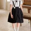 Campus Style Cotton Pleated Ruffled Doll Neckline Black Strap Pearl Decoration Children Lolita Kids Cute Dress Set