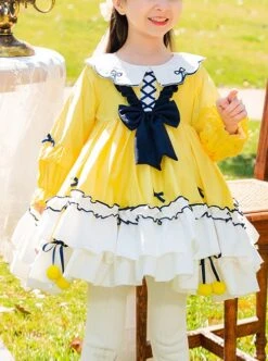 Cute Doll Collar Bowknot Hem Fur Ball Frenulum Stitching Lantern Sleeves Classic Lolita Kids Long-Sleeved Dress -NAUS Lolita Shop 1 500x672 1447