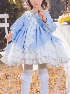 Blue Plaid Lace Multilayer Ruffle Hem Simple Design Classic Lolita Kids Long Sleeve Dress -NAUS Lolita Shop 1 500x672 1448