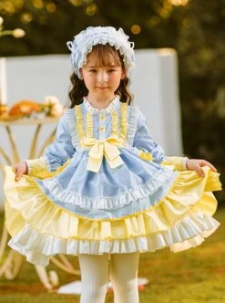 Yellow Blue White Color Matching Lantern Sleeves Ruffle Hem Bow-Knot Decoration Spring Autumn Princess Dress Classic Lolita Kids Long-Sleeved Dress -NAUS Lolita Shop 1 500x672 1449
