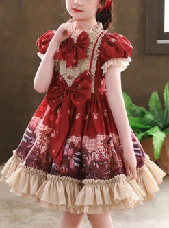 Cute Little Bear Printing Bowknot Children Sweet Lolita Wine Red Kids Short Sleeve Dress -NAUS Lolita Shop 1 500x672 1452