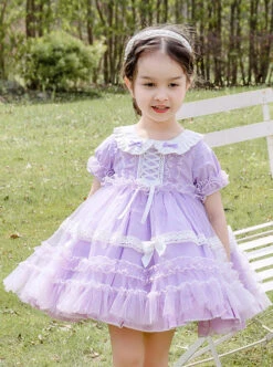 Tulle Lace Doll Collar Light Purple Children Sweet Lolita Short Sleeve Dress -NAUS Lolita Shop 1 500x672 1455
