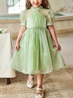Solid Color Grass Green Streamer Yarn Cute Pleated Sweet Puff Sleeves Pearl Neckline Decoration Sweet Lolita Kids Dress -NAUS Lolita Shop 1 500x672 1456