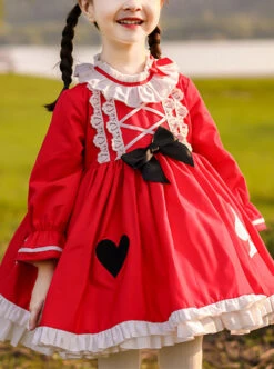 Classic Lolita Red Pleated Doll Neckline Lace Trim Black And White Peach Heart Shape Decoration Long Sleeve Kid Princess Dress -NAUS Lolita Shop 1 500x672 1464