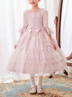 Lace Princess Collar Elegant Court Style Collar Bowknot Decorated Lace Middle Sleeve Ruffle Hem Sweet Lolita Kids Dress -NAUS Lolita Shop 1 500x672 1467