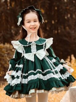 Cute Round Lapel Multi-Layered Lace Ruffle Hem Design Green Autumn Winter Classic Lolita Kids Long-Sleeved Dress -NAUS Lolita Shop 1 500x672 1471