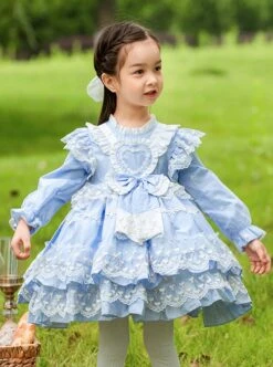 Blue Round Neck Love Polka Dot Lace Decoration Elegant Love Bow-Knot Decoration Design Sweet Lolita Kids Long Sleeve Dress -NAUS Lolita Shop 1 500x672 1474