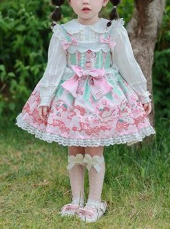 Pink Strawberry Cake Cute Rabbit Pattern Print Pleated Bow Lace Decoration Classic Lolita Kid Dress -NAUS Lolita Shop 1 500x672 1476