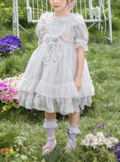 Blue Pink Pleated Lace Mesh Heart Shape Design Pleated Bow Knot Children Lolita Kids Short Sleeve Dress -NAUS Lolita Shop 1 500x672 1479