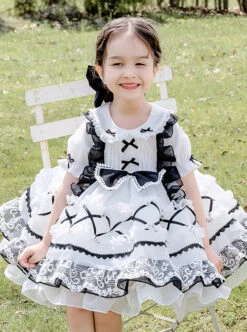 White Musical Note Lace Black Bowknot Children Sweet Lolita Doll Collar Short Sleeve Dress -NAUS Lolita Shop 1 500x672 1480