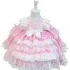 Jacquard Embroidered Lace Double Pleated Hems Children Cute Pink Sweet Lolita Bow Knots Kids Long Sleeves Dress