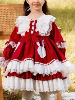 Round Neck Red-White Lace Ruffled Bunny Stitching Lantern Sleeves Classic Lolita Kids Long-Sleeved Dress -NAUS Lolita Shop 1 500x672 1483