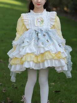 Rabbit Embroidery Plaid Printing Yellow White Fresh Multi-Layer Hem Design Cute Classic Lolita Kids Long Sleeve Dress -NAUS Lolita Shop 1 500x672 1488