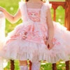 Pink Doll Candy Pattern Print Lace-Ruched Puffed Hem Bow Knot Decoration Classic Lolita Kid Princess Dress