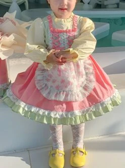 Spring Cute Maid Apron Floral Lace Lantern Sleeves Sweet Lolita Kids Long Sleeve Dress -NAUS Lolita Shop 1 500x672 1490