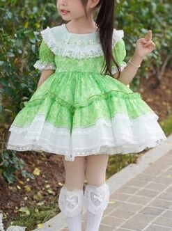 Spring Summer Round Neck Green Fresh Floral Lace Decoration Sweet Lolita Kids Short-Sleeved Dress -NAUS Lolita Shop 1 500x672 1491
