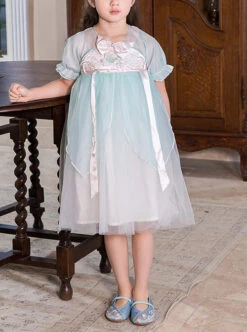 Chinese Style Cute Delicate Flower Embroidery Decoration Light Green Mesh Children Lolita Kids Short Sleeve Dress -NAUS Lolita Shop 1 500x672 1493