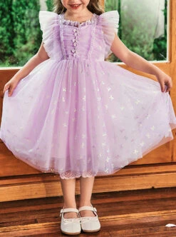 Purple Pleated Mesh Cute Sequins Bow Knots Print Decoration Flowers Children Lolita Kids Flying Sleeves Dress -NAUS Lolita Shop 1 500x672 1495