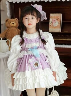 Spring Light Purple Bowknot Ruffles Cartoon Girl Kid Sweet Lolita Round Neck Puff Sleeves Princess Dress -NAUS Lolita Shop 1 500x672 1496