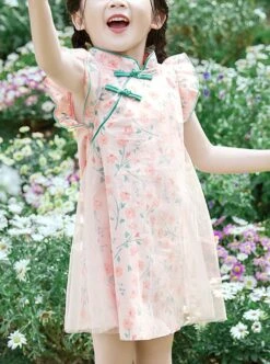 Improved Cheongsam Pink Floral Flower Print Decoration Chinese Style Buckle Design Classic Lolita Mesh Kid Dress -NAUS Lolita Shop 1 500x672 1497