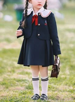 School Style Daily Fashion Spring Simple Black Vest Dress Lapel Long Sleeve Coat Design School LolitaKids Sleeveless Dress Set -NAUS Lolita Shop 1 500x672 1498