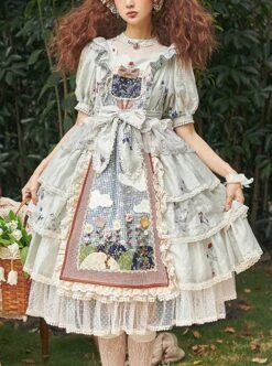 Big White Goose Yaya Series Round Neck Flower Embroidered Plaid Apron Stitching Polka Dot Lace Hem Classic Lolita Short-Sleeved Dress -NAUS Lolita Shop 1 500x672 150
