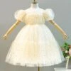 Summer Girl Apricot Princess Style Star Sequins Net Elegant Tutu Birthday Performance Classic Lolita Kid Puff Sleeve Dress