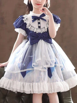 Ruffle Round Collar Bowknot Children Sweet Lolita Puff Sleeve Short Sleeve Dress -NAUS Lolita Shop 1 500x672 1507