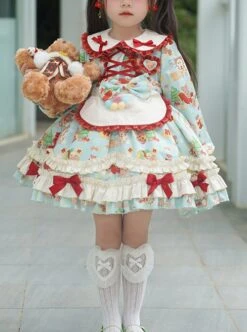 Spring Autumn Doll Collar Christmas Little Bear Print Bowknot Small Colored Ball Apron Sweet Lolita Kids Long-Sleeved Dress -NAUS Lolita Shop 1 500x672 1510