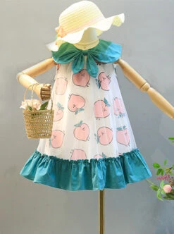 Sweet Peach Print Mesh Decoration Pleated Hem Doll Neck Bow Knot Classic Lolita Sleeveless Dress -NAUS Lolita Shop 1 500x672 1514