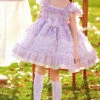 Classic Lolita Pleated Lace Bow Knot White Jacquard Lace Trim Purple Floral Kid Dress