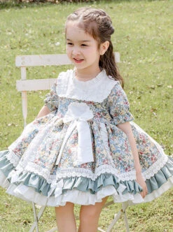 Green Small Floral Printing White Bowknot Kids Classic Lolita Short Sleeve Dress -NAUS Lolita Shop 1 500x672 1521