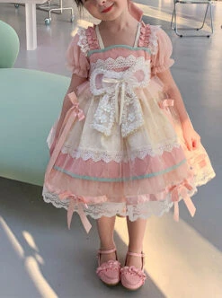 Cute Sweet Pleated Ruffled Lace Jacquard Big Bow Knot Design Classic Lolita Kid Dress -NAUS Lolita Shop 1 500x672 1528